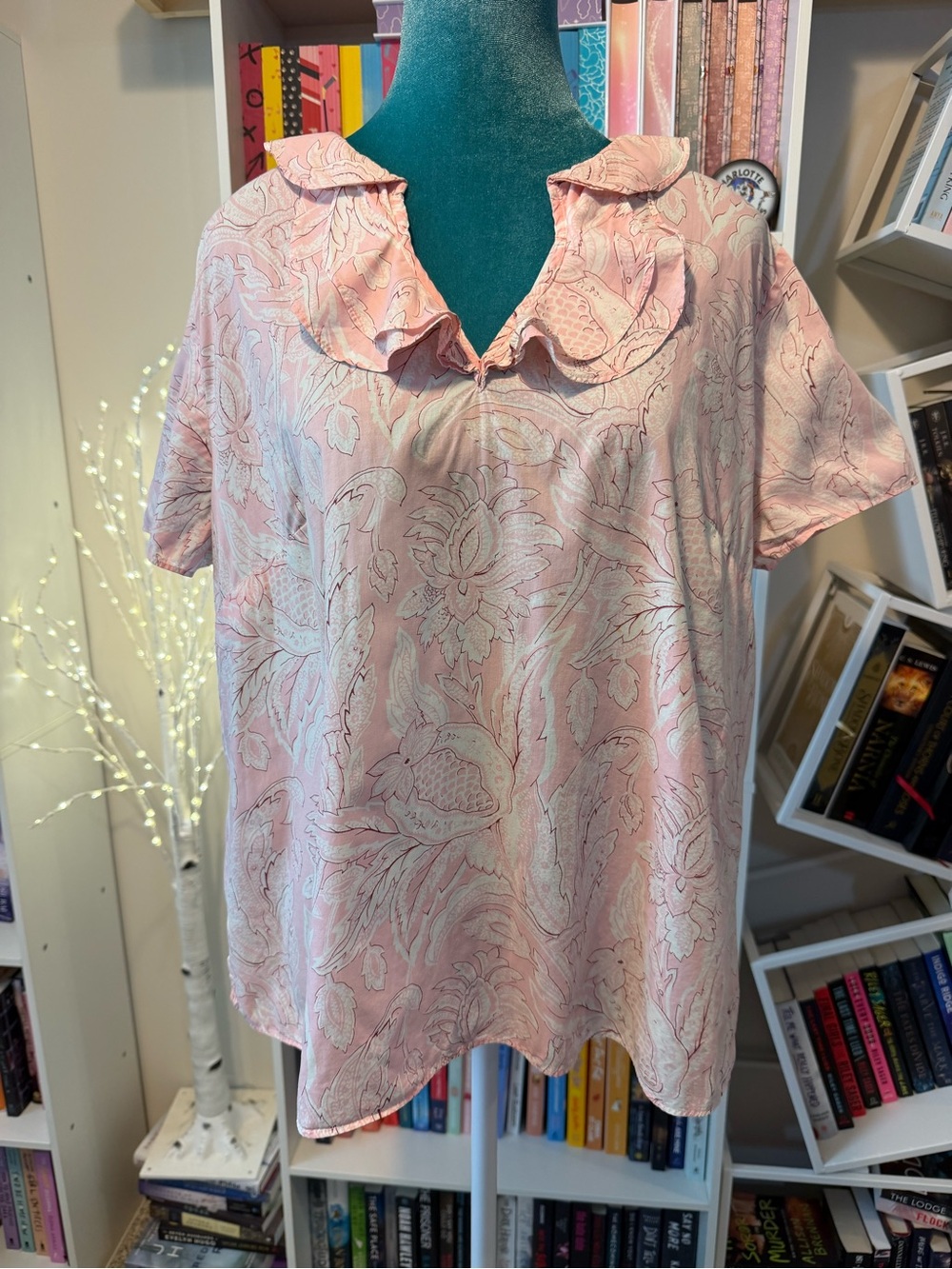 Talbots Women's Pink Ruffled Collar Short-Sleeve Top